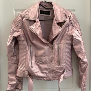 Metallic  Baby Pink Faux Leather Jacket